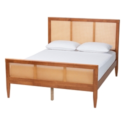 Baxton Studio Walthard Mid-Century Light Walnut Queen Platform Bed with Woven Rattan